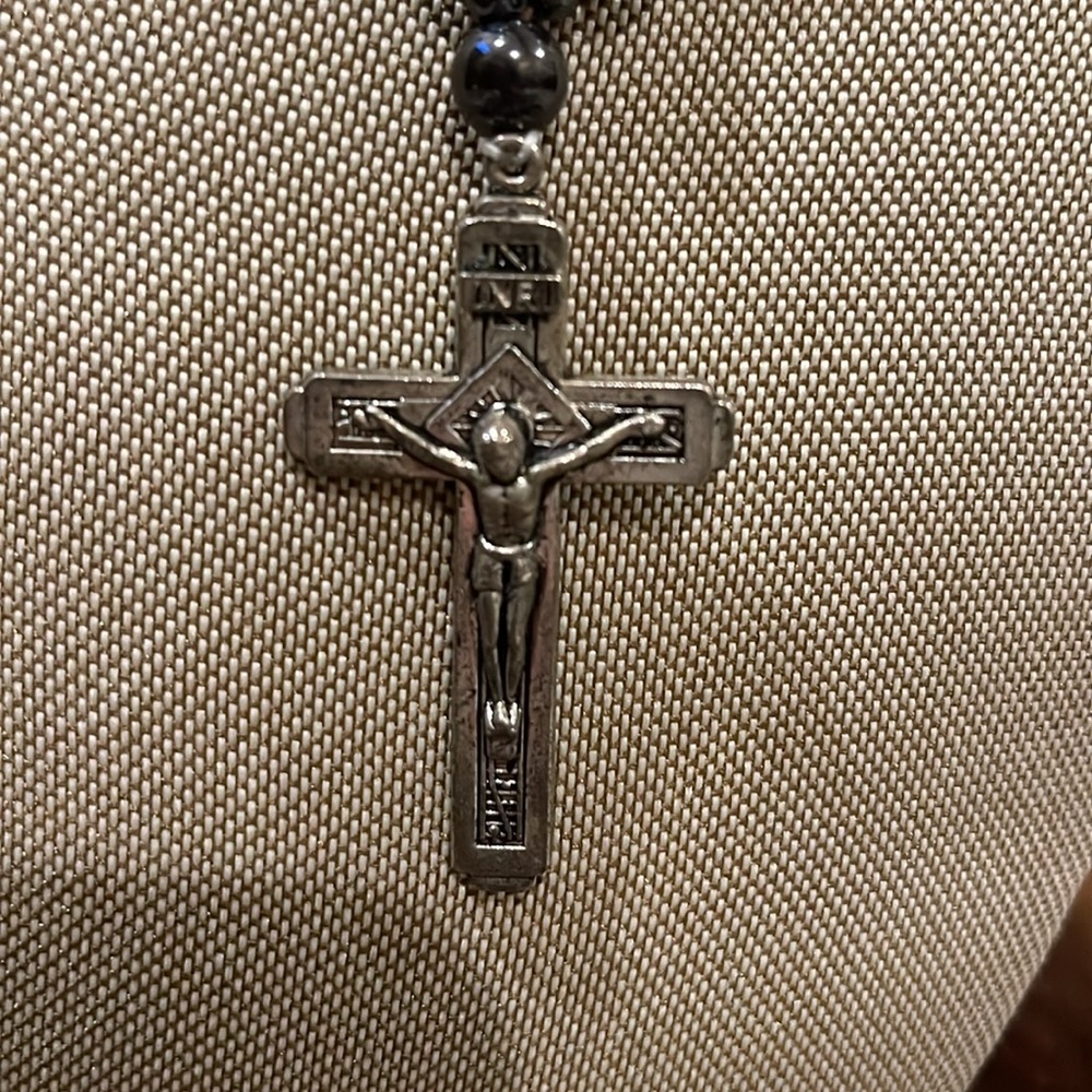 Metallic magnetized FATIMA Cross necklace, magnet clasp w 2 glass cat-eye beads
